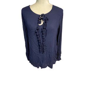 Spense Women's Top Navy Keyhole Tie Scoop Neck Tasseled Long Sleeve Blouse Large